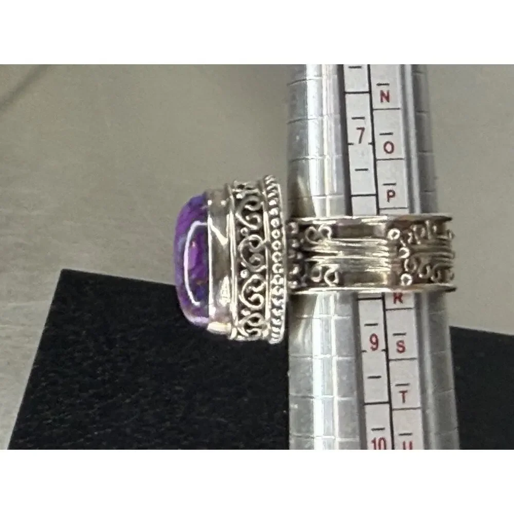Purple Copper Turquoise Gemstone Ring 925 Sterling Silver Ring Scroll Band 8.5